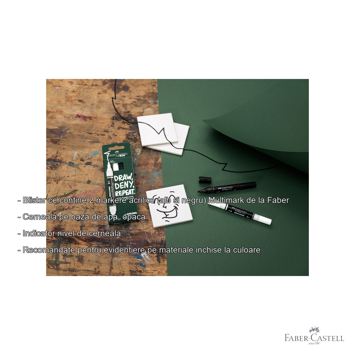 Set 2 markere acrilice Faber-Castell Multimark alb si negru, varf dublu, pentru suprafete multiple [2]