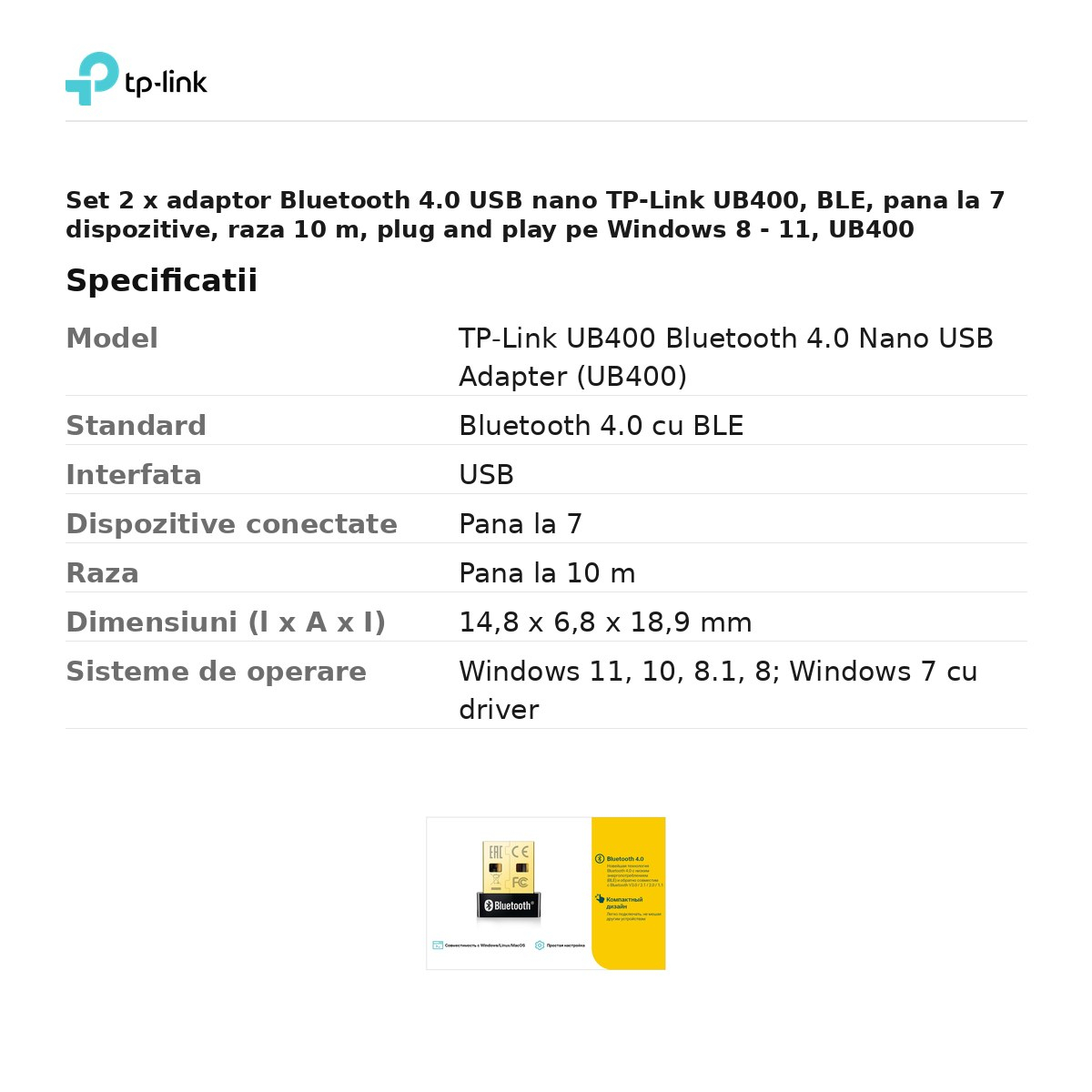 Set 2 x adaptor Bluetooth 4.0 USB nano TP-Link UB400, BLE, pana la 7 dispozitive, raza 10 m, plug and play pe Windows 8 - 11, UB400 [3]