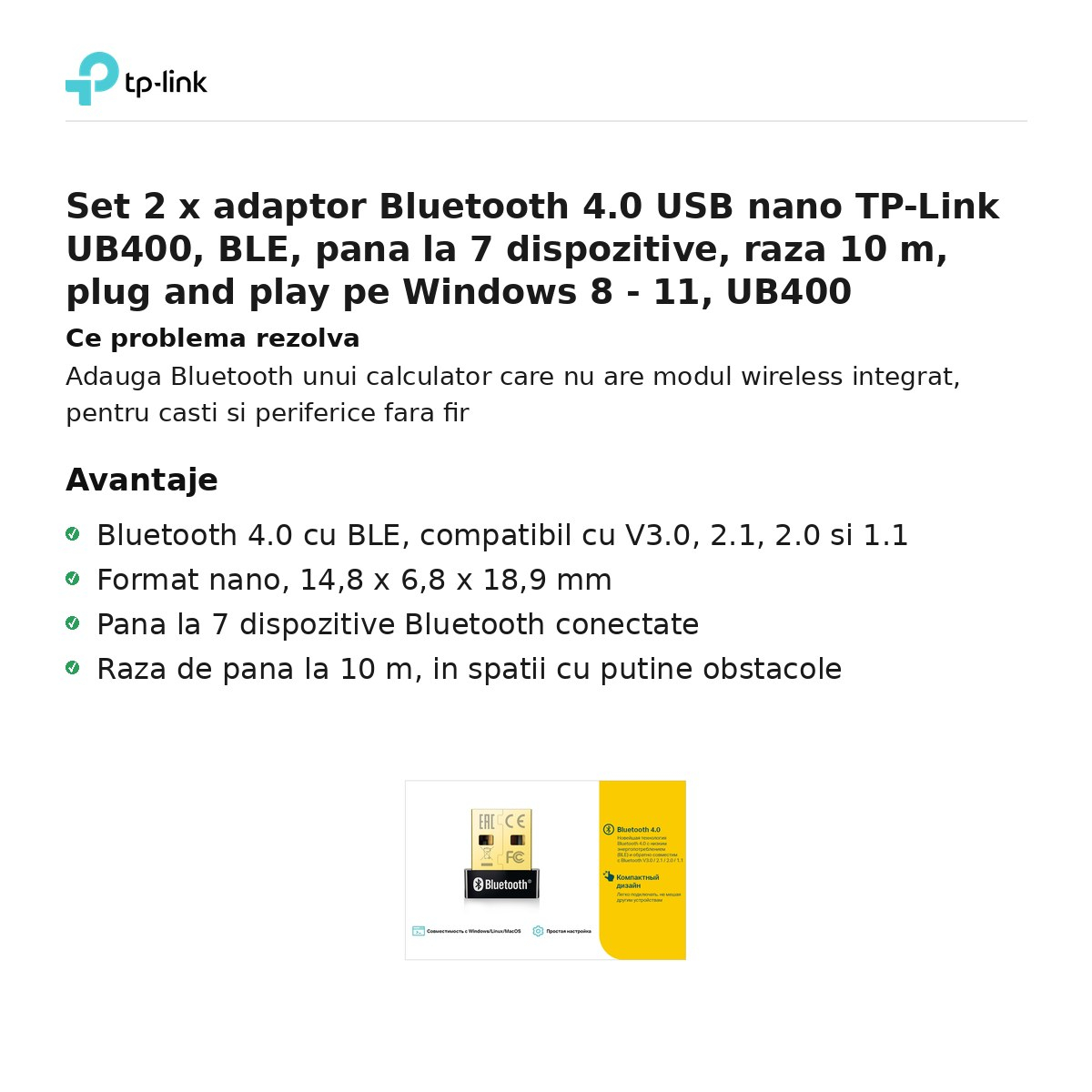 Set 2 x adaptor Bluetooth 4.0 USB nano TP-Link UB400, BLE, pana la 7 dispozitive, raza 10 m, plug and play pe Windows 8 - 11, UB400 [2]