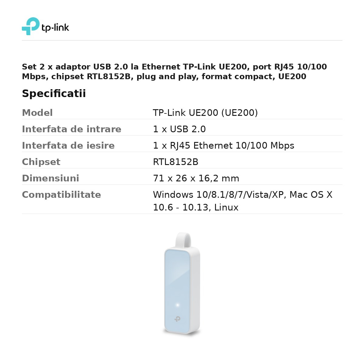 Set 2 x adaptor USB 2.0 la Ethernet TP-Link UE200, port RJ45 10/100 Mbps, chipset RTL8152B, plug and play, format compact, UE200 [3]