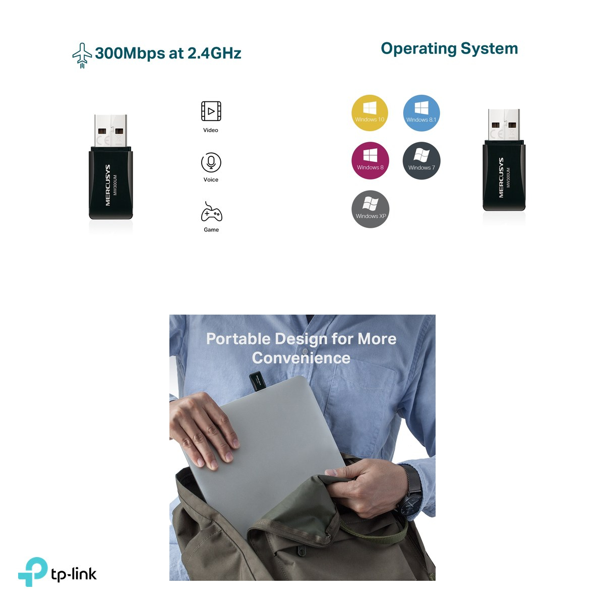Set 2 x adaptor USB Wi-Fi 4 mini Mercusys MW300UM, N300, 2.4 GHz, USB 2.0, antena interna, compatibil Windows 11/10/8.1/8/7/XP, MW300UM [4]