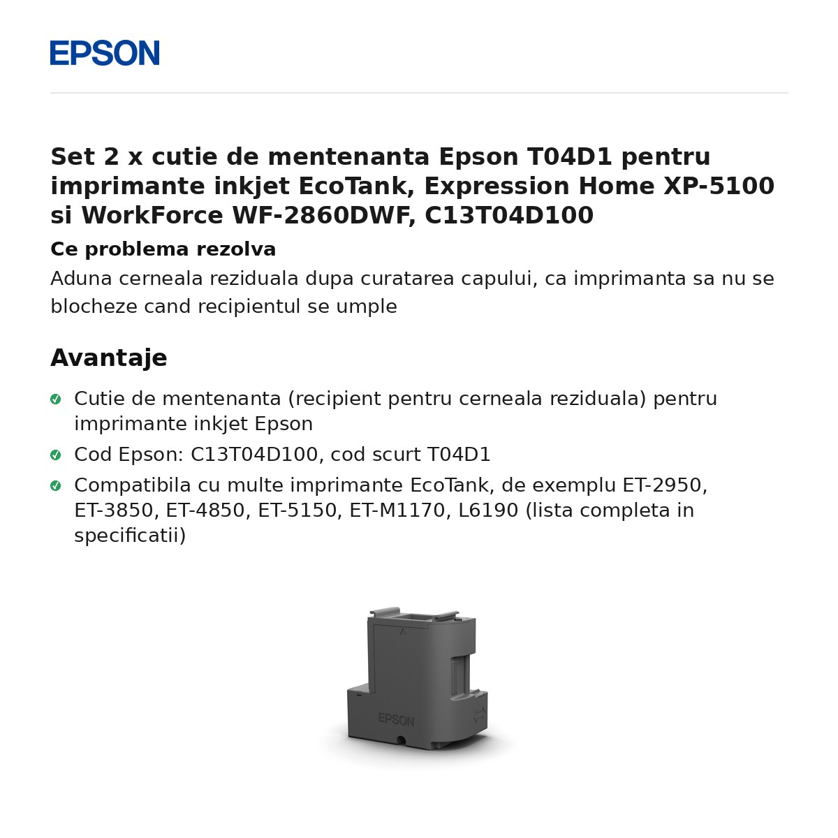 Set 2 x cutie de mentenanta Epson T04D1 pentru imprimante inkjet EcoTank, Expression Home XP-5100 si WorkForce WF-2860DWF, C13T04D100 [2]