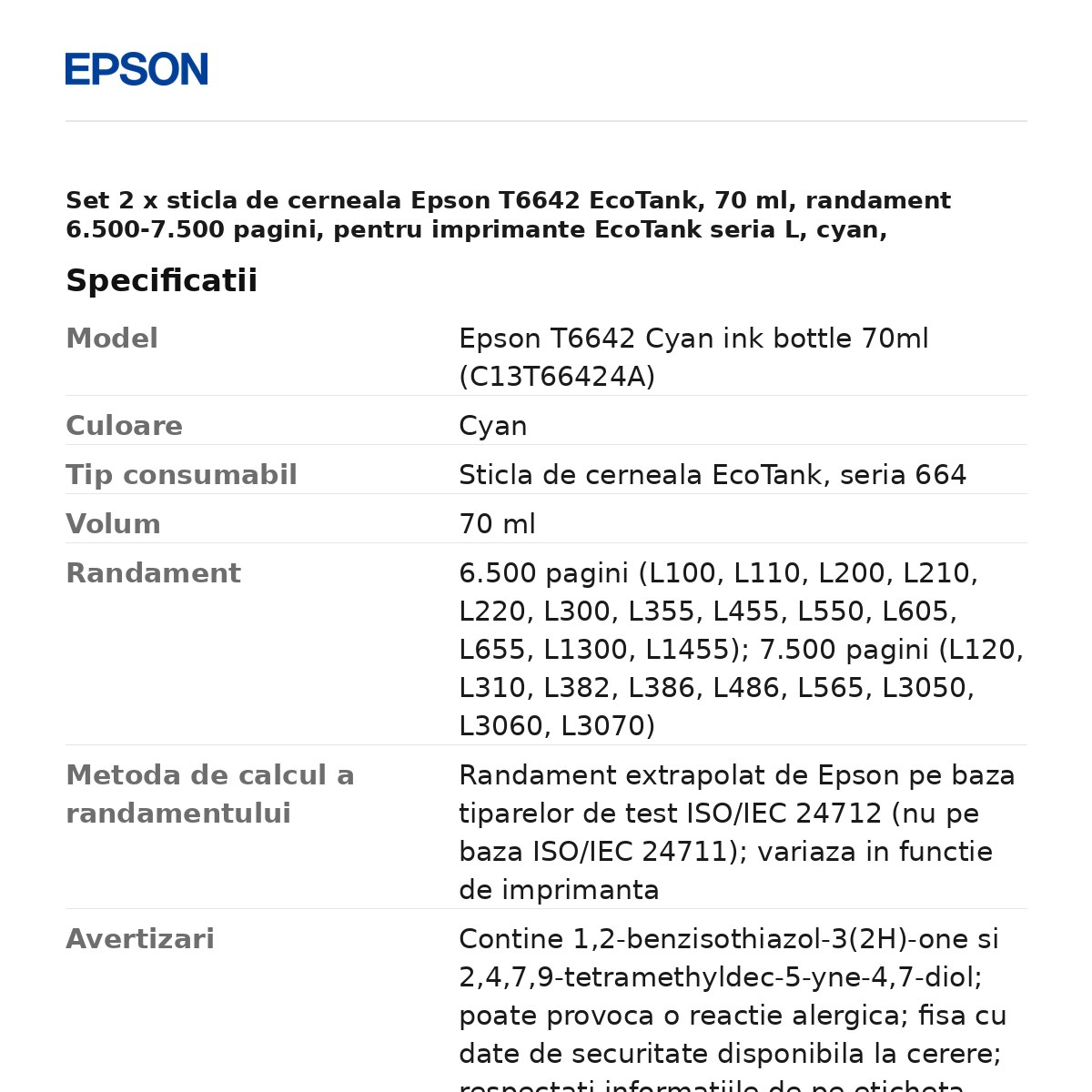 Set 2 x sticla de cerneala Epson T6642 EcoTank, 70 ml, randament 6.500-7.500 pagini, pentru imprimante EcoTank seria L, cyan, C13T66424A [3]
