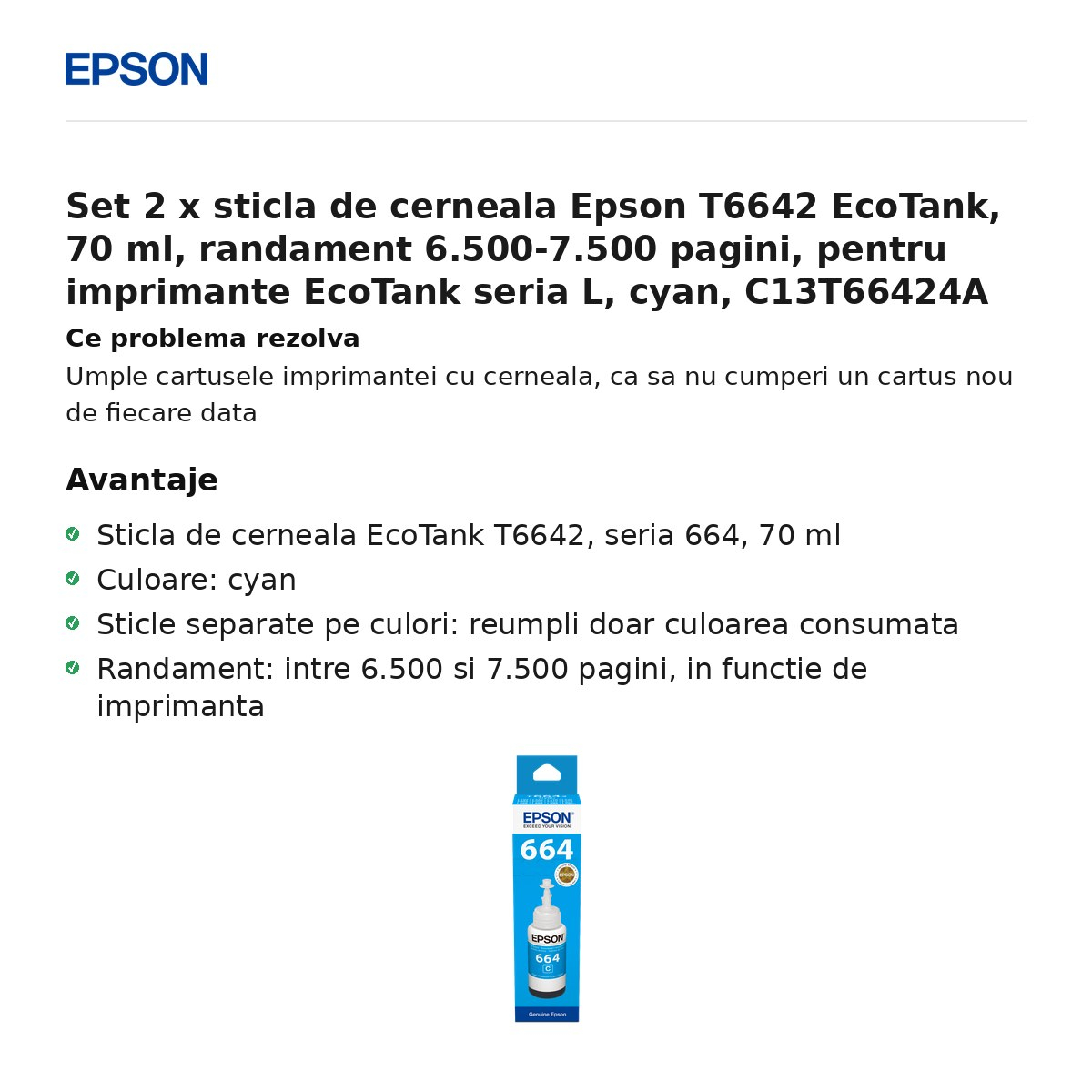 Set 2 x sticla de cerneala Epson T6642 EcoTank, 70 ml, randament 6.500-7.500 pagini, pentru imprimante EcoTank seria L, cyan, C13T66424A [2]