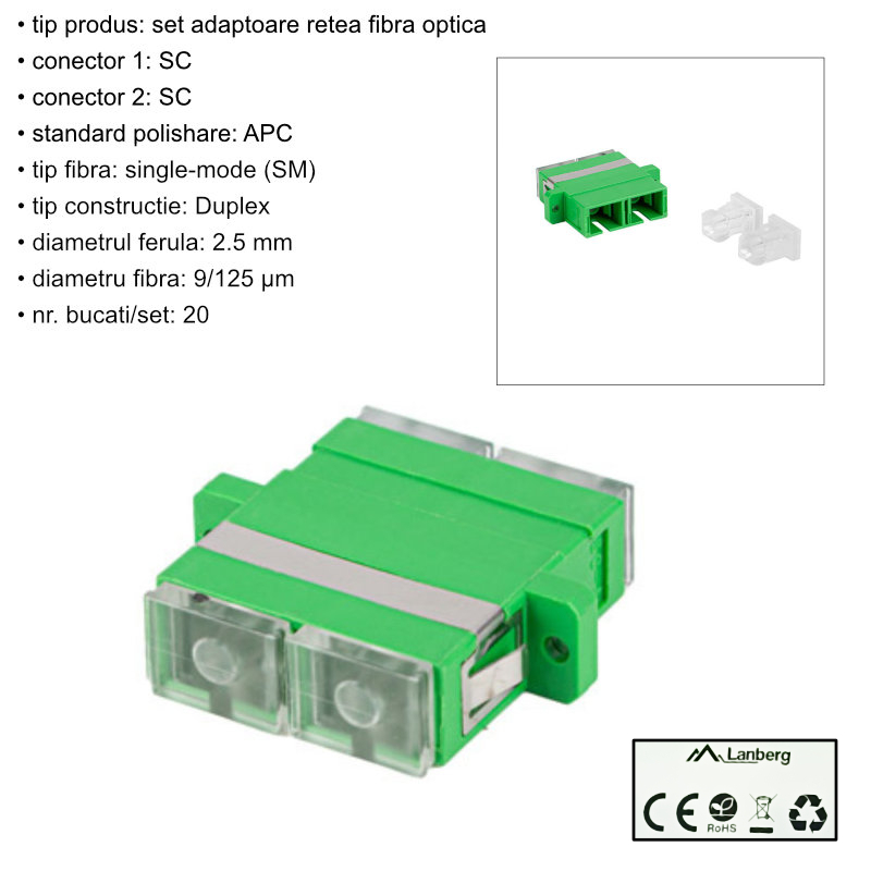 Set 20 adaptoare retea fibra optica cu conectori SC/APC, Lanberg 43365, SM DUPLEX, capace transparente, verzi [6]
