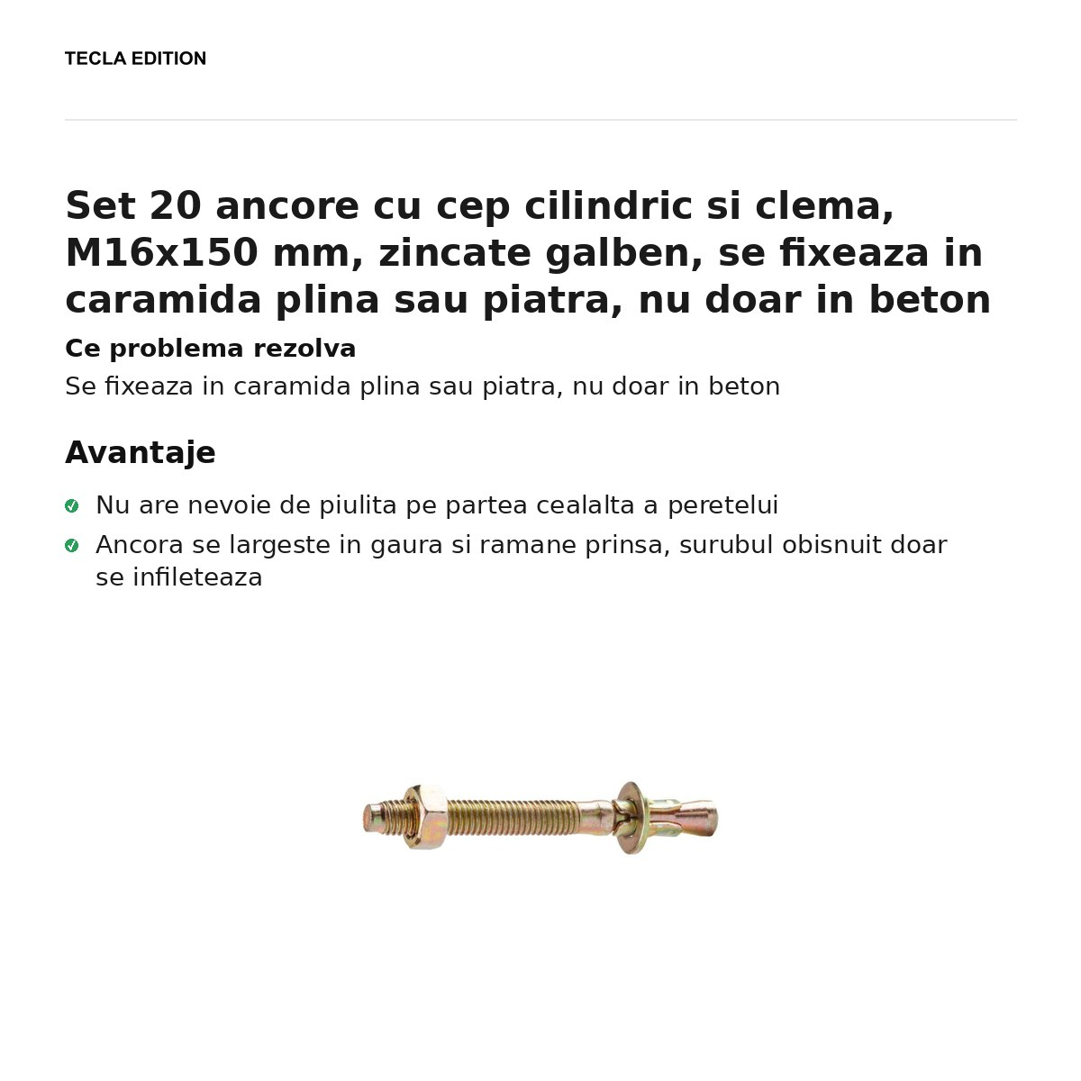 Set 20 ancore cu cep cilindric si clema, M16x150 mm, zincate galben, se fixeaza in caramida plina sau piatra, nu doar in beton [2]