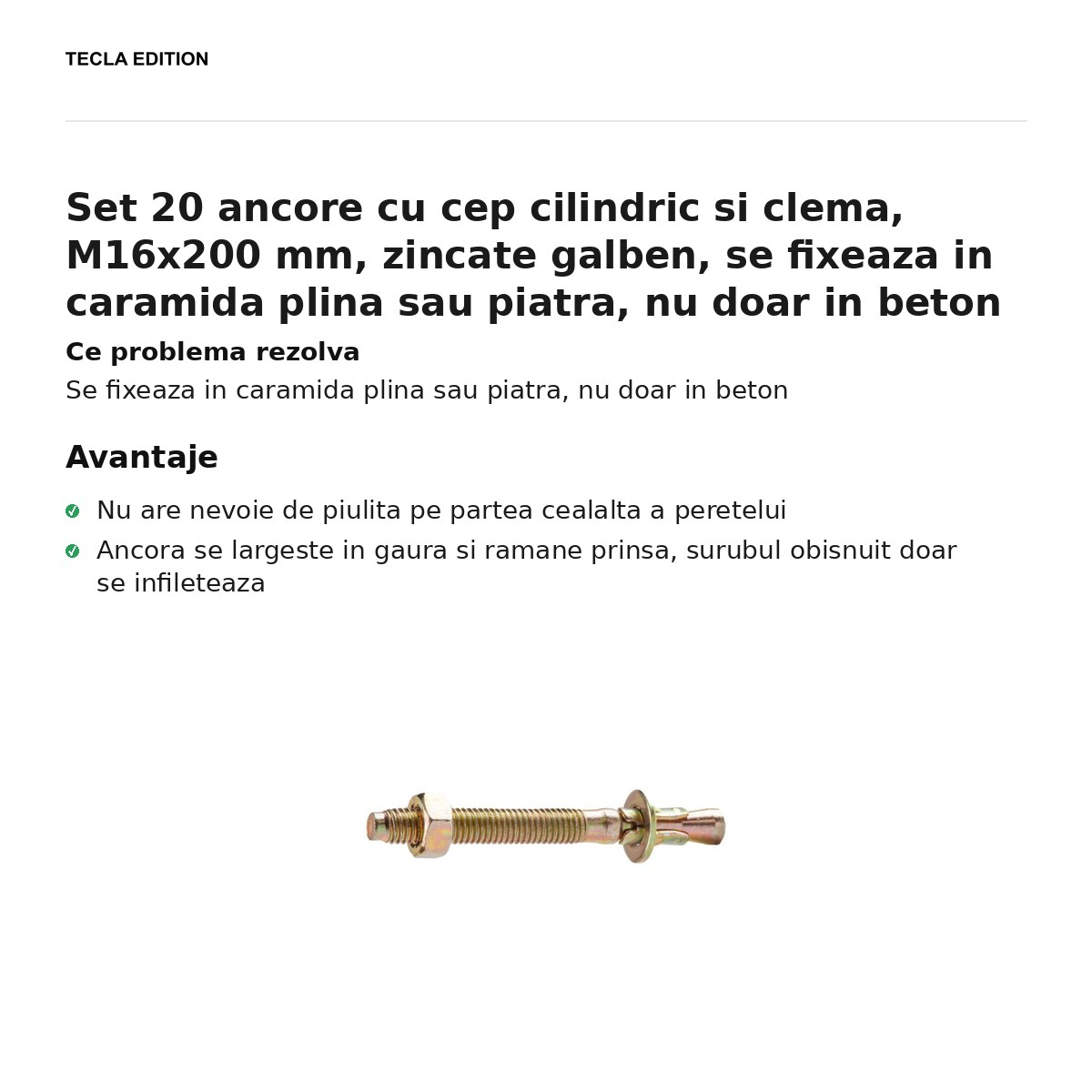 Set 20 ancore cu cep cilindric si clema, M16x200 mm, zincate galben, se fixeaza in caramida plina sau piatra, nu doar in beton [2]