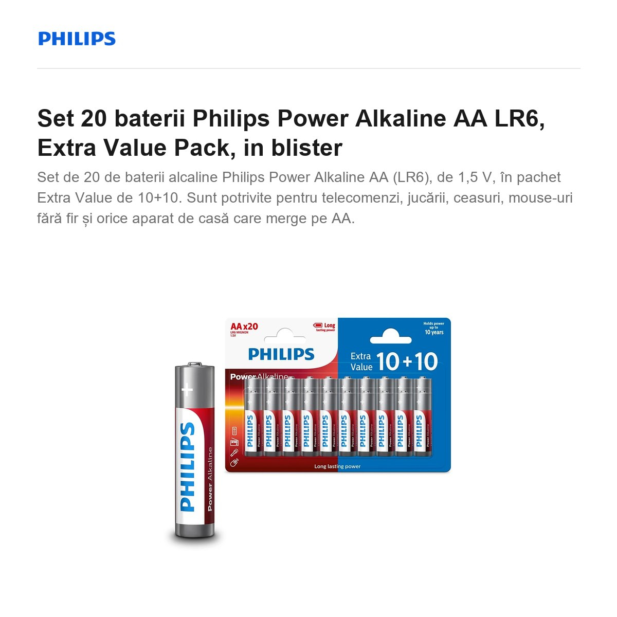 Set 20 baterii Philips Power Alkaline AA LR6, Extra Value Pack, in blister [2]