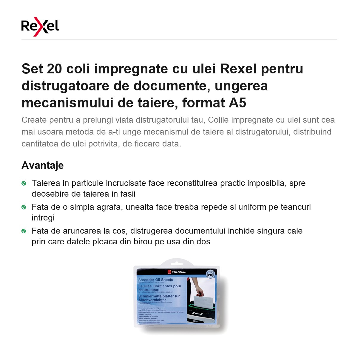 Set 20 coli impregnate cu ulei Rexel pentru distrugatoare de documente, ungerea mecanismului de taiere, format A5 [2]