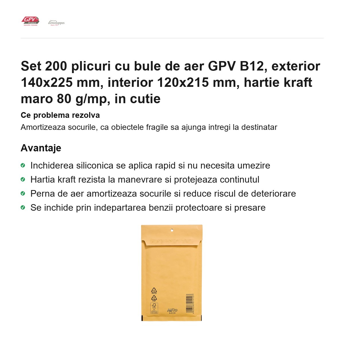 Set 200 plicuri cu bule de aer GPV B12, exterior 140x225 mm, interior 120x215 mm, hartie kraft maro 80 g/mp, in cutie [2]