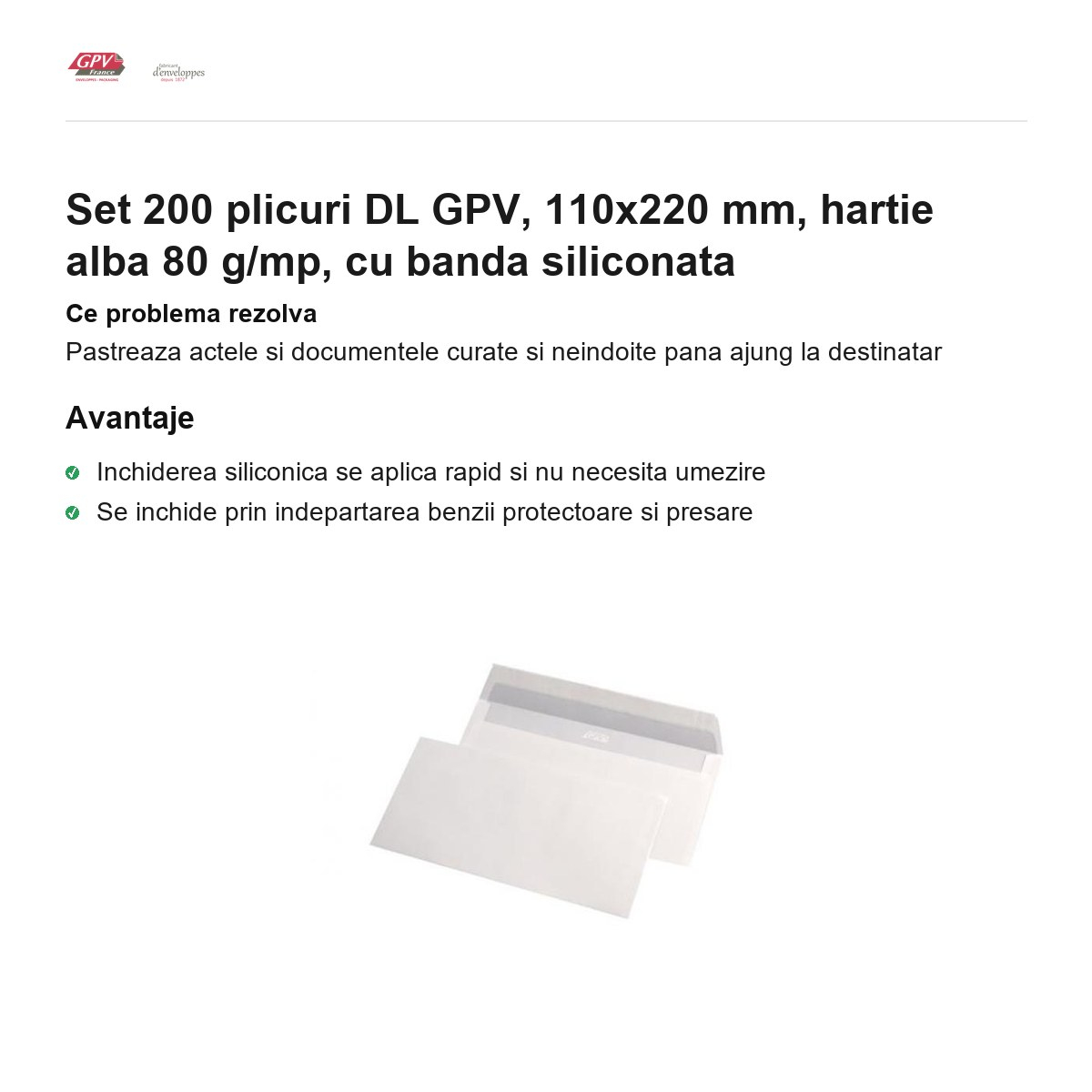 Set 200 plicuri DL GPV, 110x220 mm, hartie alba 80 g/mp, cu banda siliconata [2]