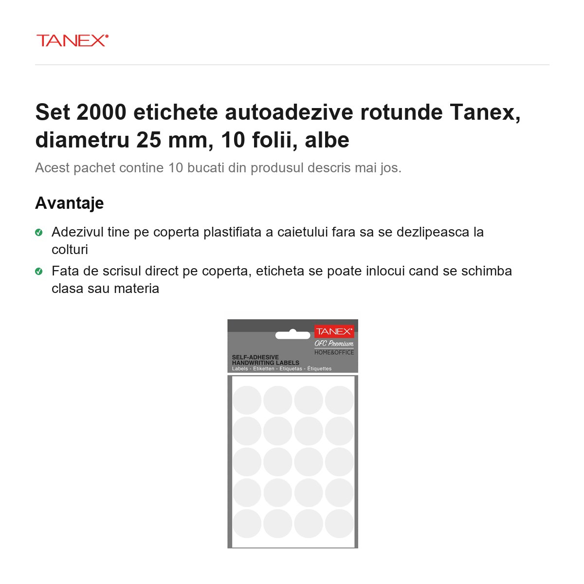 Set 2000 etichete autoadezive rotunde Tanex, diametru 25 mm, 10 seturi, albe [2]