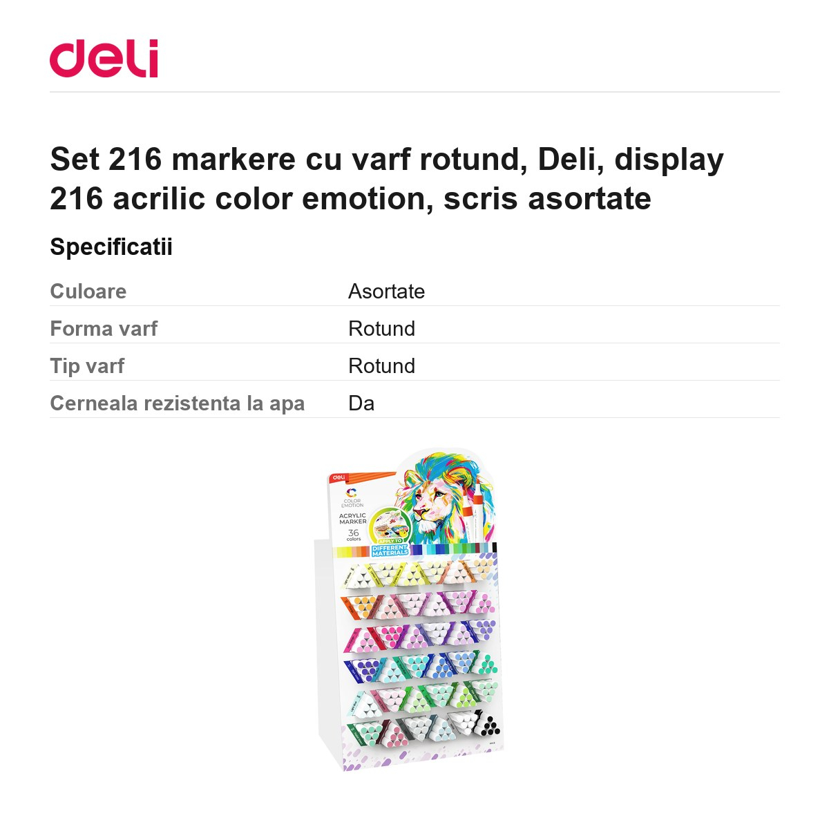Set 216 markere cu varf rotund, Deli, display 216 acrilic color emotion, scris asortate [3]
