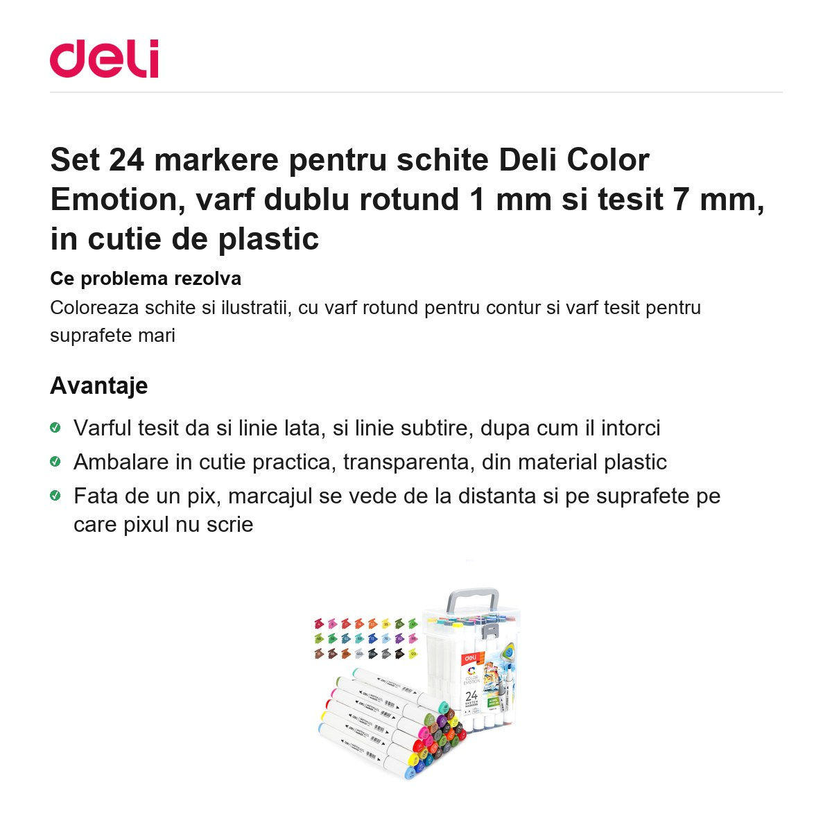 Set 24 markere pentru schite Deli Color Emotion, varf dublu rotund 1 mm si tesit 7 mm, in cutie de plastic [2]