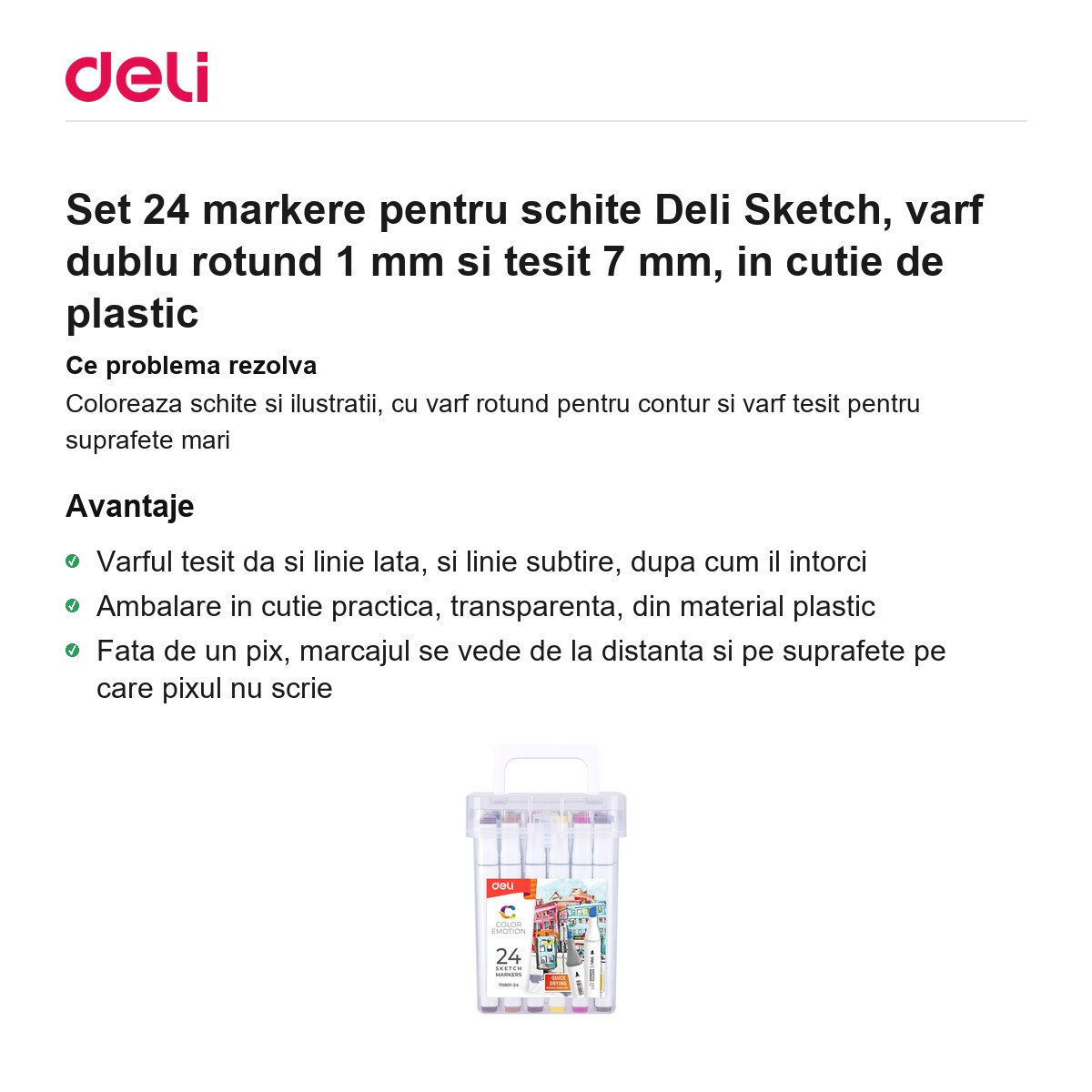 Set 24 markere pentru schite Deli Sketch, varf dublu rotund 1 mm si tesit 7 mm, in cutie de plastic [2]