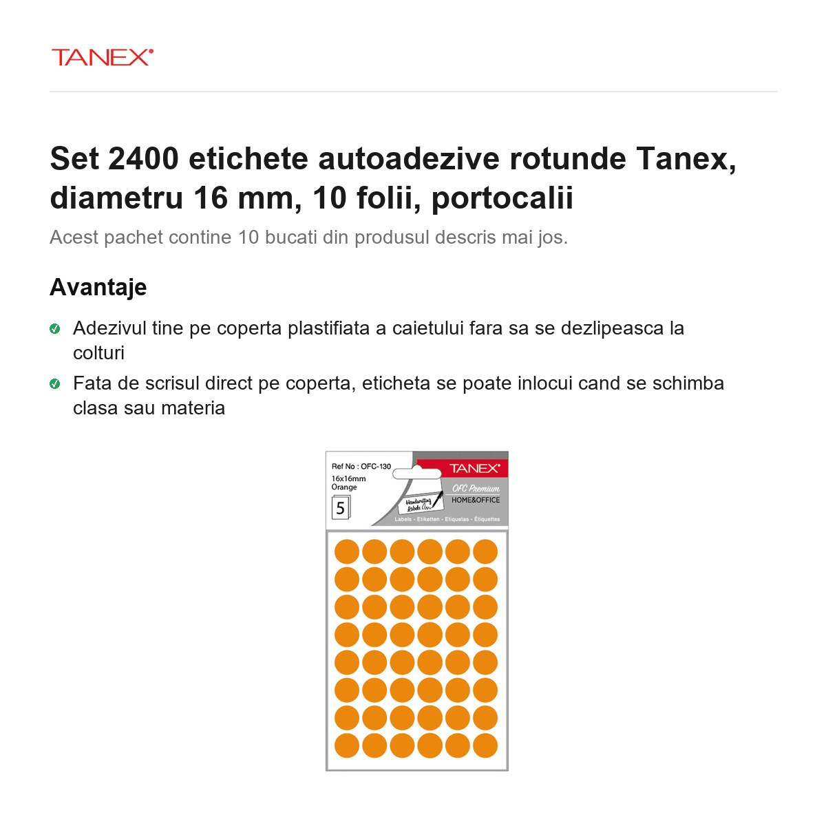 Set 2400 etichete autoadezive rotunde Tanex, diametru 16 mm, 10 seturi, portocalii [2]