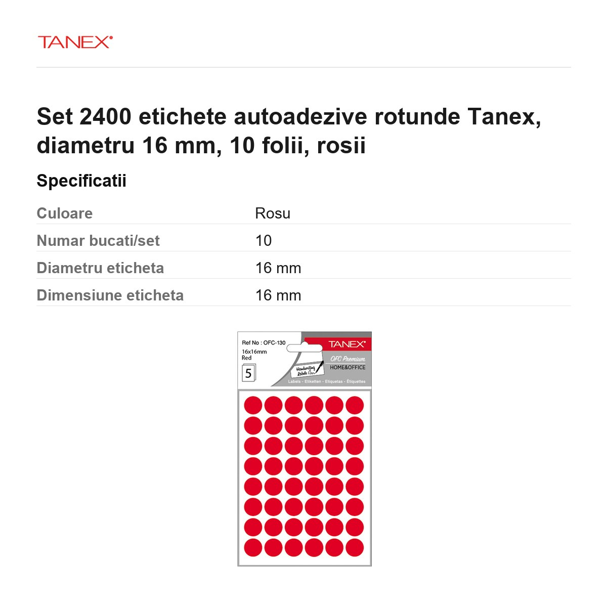 Set 2400 etichete autoadezive rotunde Tanex, diametru 16 mm, 10 seturi, rosii [3]