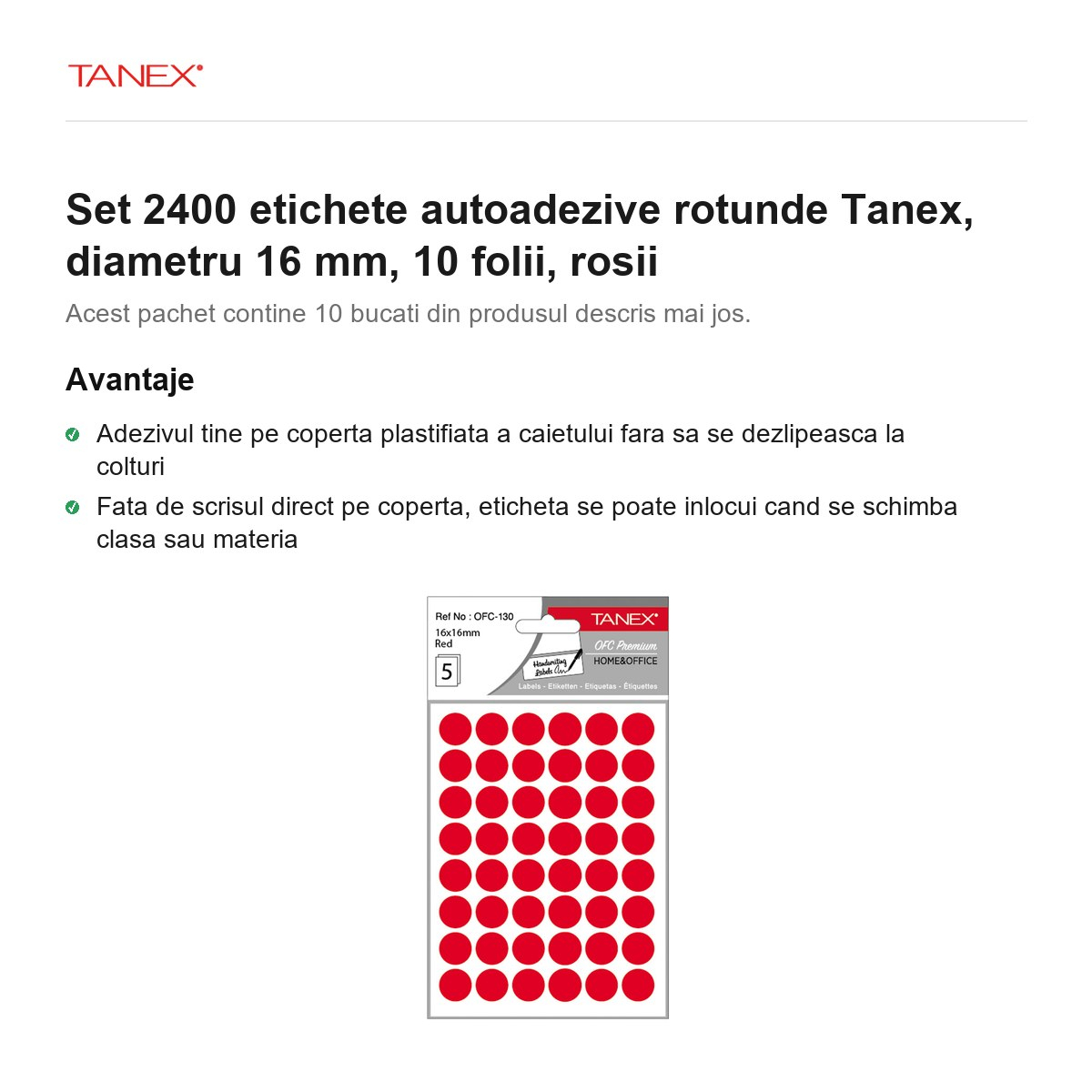 Set 2400 etichete autoadezive rotunde Tanex, diametru 16 mm, 10 seturi, rosii [2]