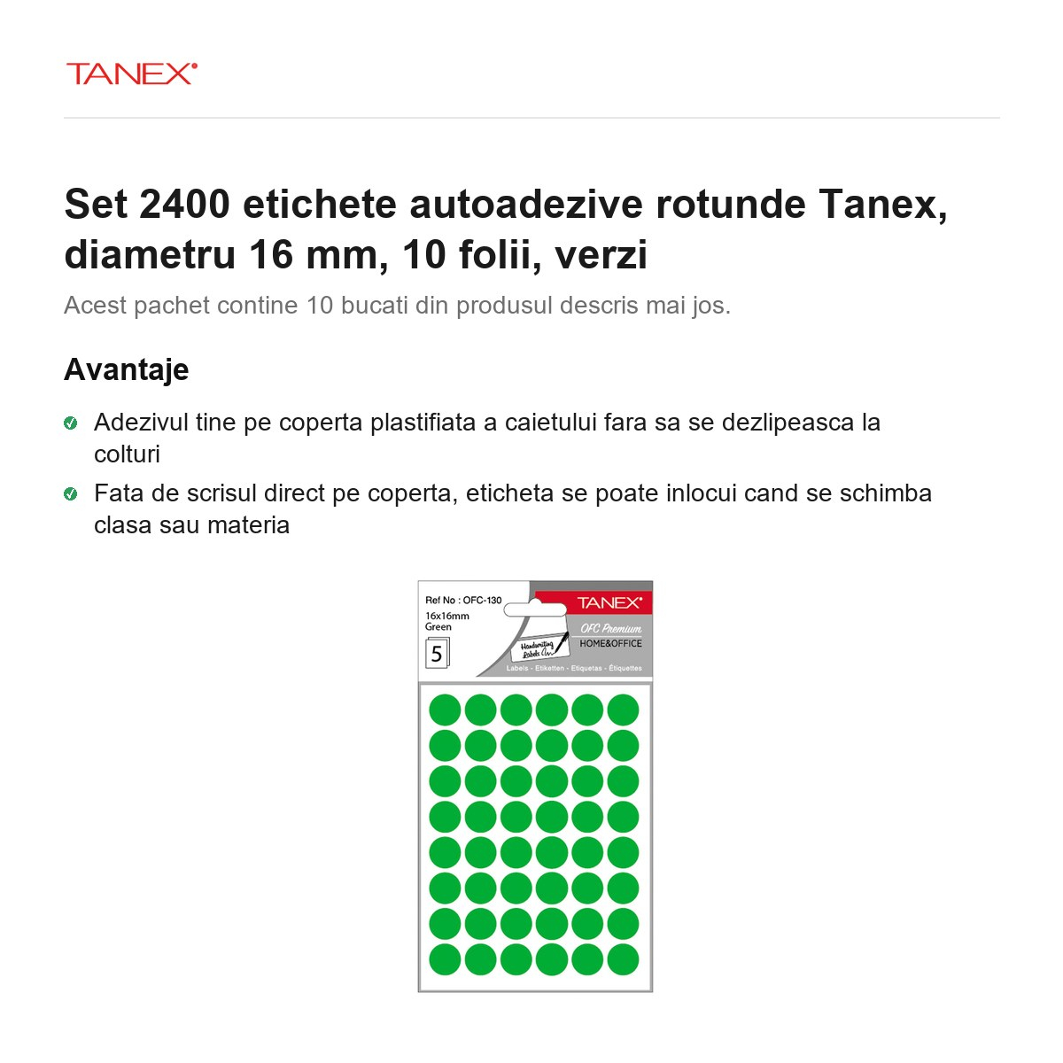 Set 2400 etichete autoadezive rotunde Tanex, diametru 16 mm, 10 seturi, verzi [2]