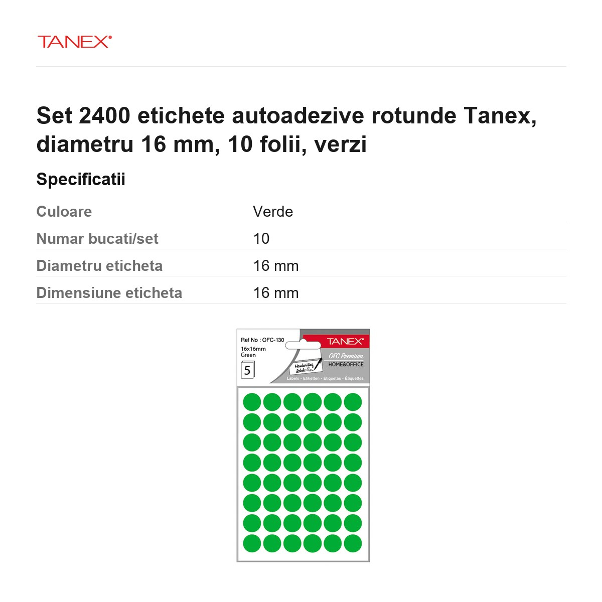 Set 2400 etichete autoadezive rotunde Tanex, diametru 16 mm, 10 seturi, verzi [3]
