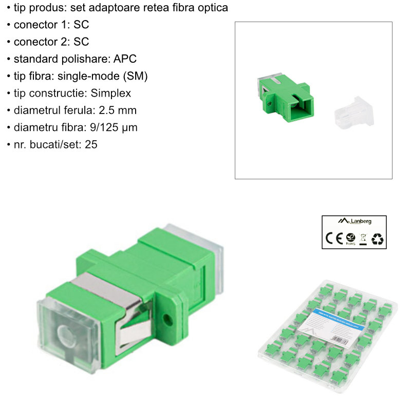 Set 25 adaptoare retea fibra optica cu conectori SC/APC, Lanberg 43362, SM SIMPLEX, cu capace transparente, verzi [6]
