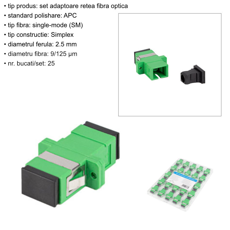 Set 25 adaptoare retea fibra optica cu conectori SC/APC, Lanberg 43363, SM SIMPLEX, cu capace negre, verzi [6]