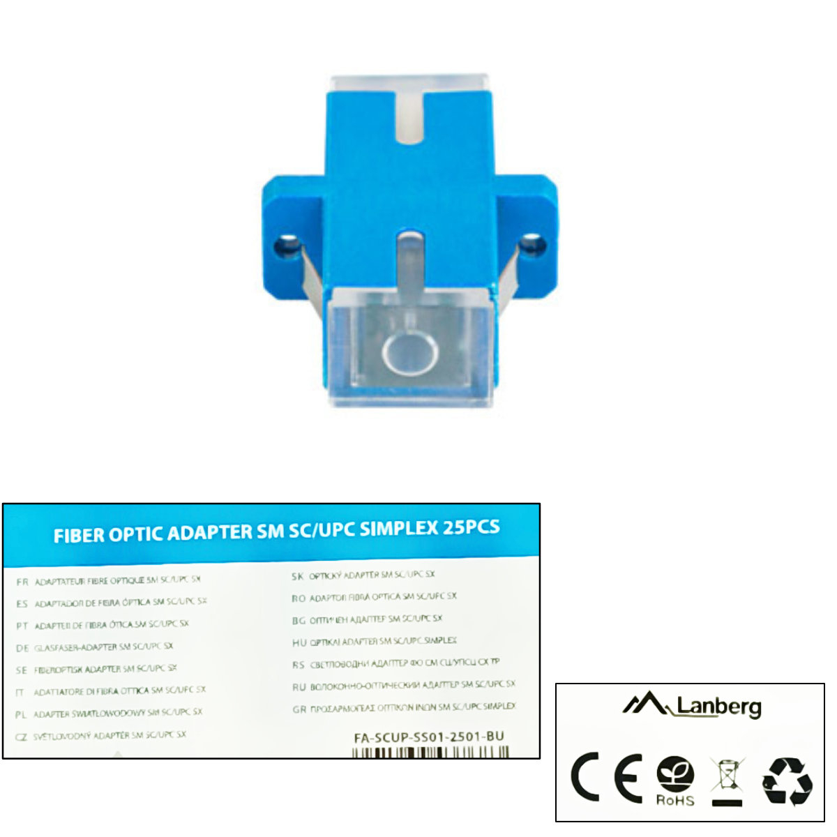 Set 25 adaptoare retea fibra optica cu conectori SC/UPC, Lanberg 43768, SM SIMPLEX, capace transparente, albastre [5]