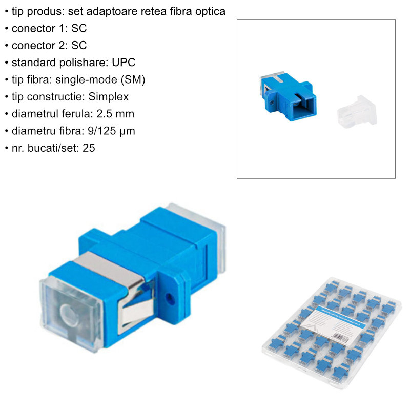Set 25 adaptoare retea fibra optica cu conectori SC/UPC, Lanberg 43768, SM SIMPLEX, capace transparente, albastre [6]