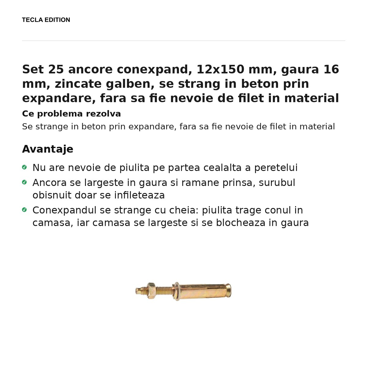 Set 25 ancore conexpand, 12x150 mm, gaura 16 mm, zincate galben, se strang in beton prin expandare, fara sa fie nevoie de filet in material [2]