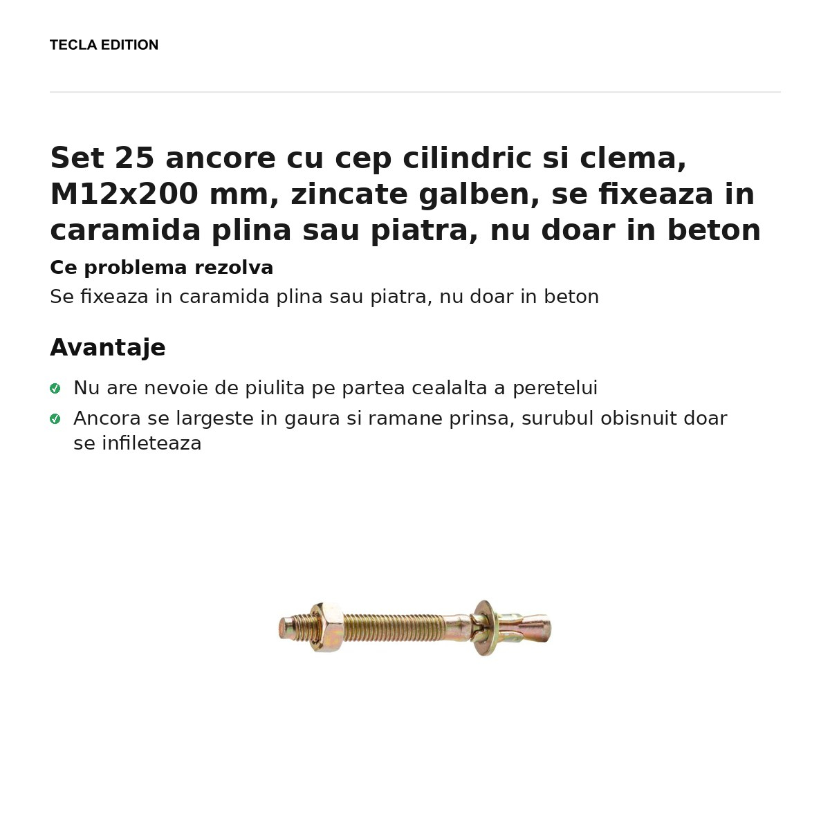 Set 25 ancore cu cep cilindric si clema, M12x200 mm, zincate galben, se fixeaza in caramida plina sau piatra, nu doar in beton [2]