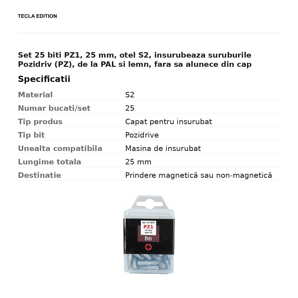 Set 25 biti PZ1, 25 mm, otel S2, insurubeaza suruburile Pozidriv (PZ), de la PAL si lemn, fara sa alunece din cap [3]