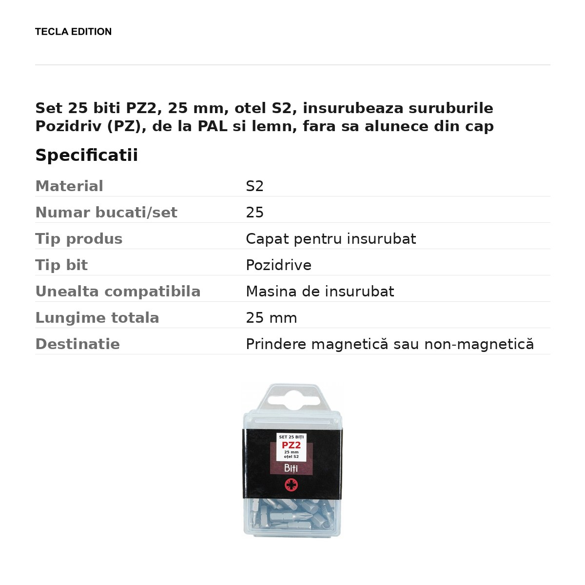 Set 25 biti PZ2, 25 mm, otel S2, insurubeaza suruburile Pozidriv (PZ), de la PAL si lemn, fara sa alunece din cap [3]