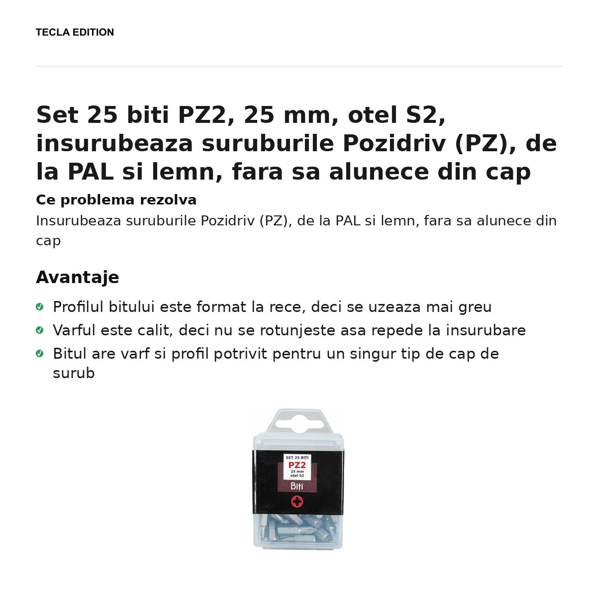 Set 25 biti PZ2, 25 mm, otel S2, insurubeaza suruburile Pozidriv (PZ), de la PAL si lemn, fara sa alunece din cap [2]
