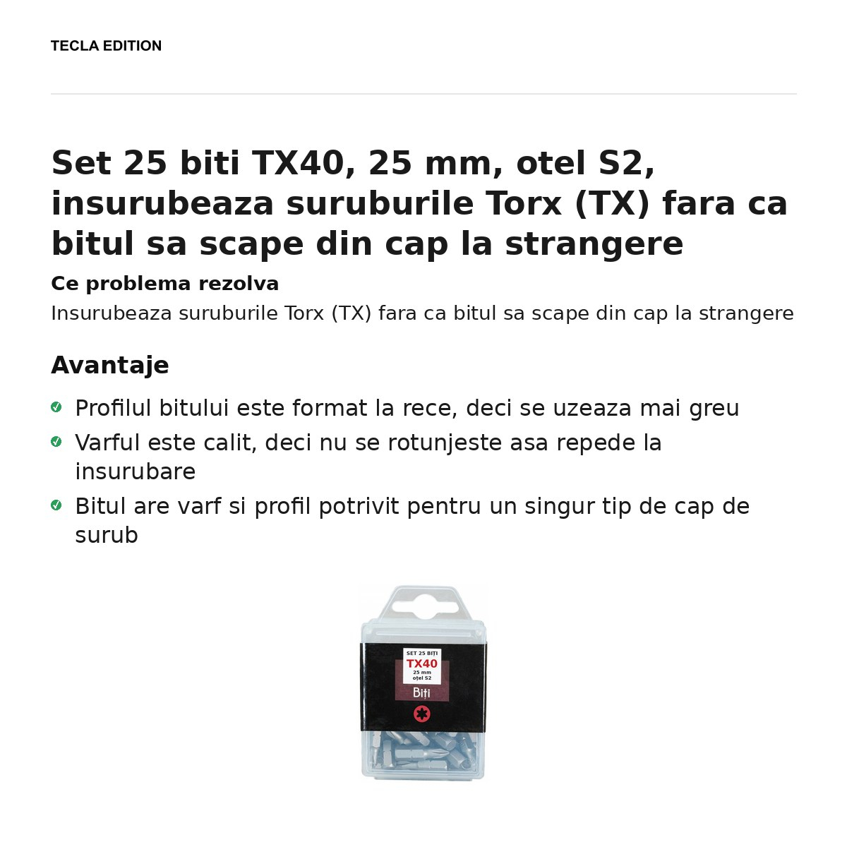 Set 25 biti TX40, 25 mm, otel S2, insurubeaza suruburile Torx (TX) fara ca bitul sa scape din cap la strangere [2]