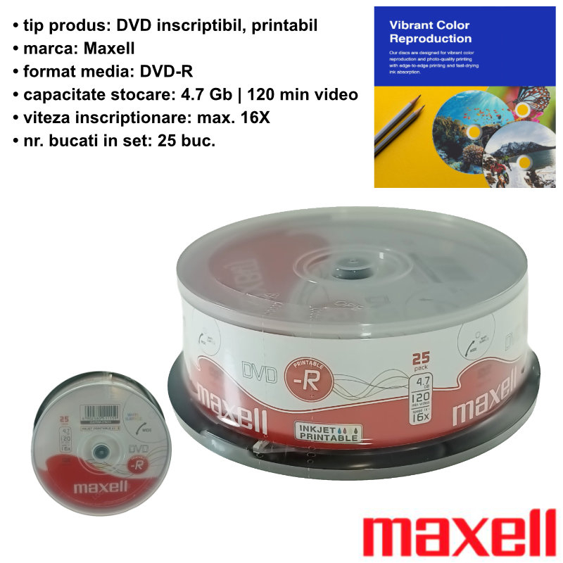 Set 25 bucati DVD-R Printabile Maxell 51115, 4.7Gb, 16X, ambalare cake box [5]