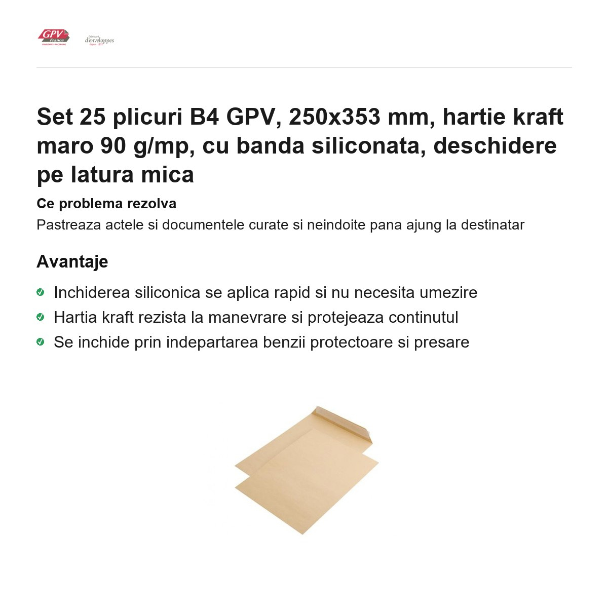 Set 25 plicuri B4 GPV, 250x353 mm, hartie kraft maro 90 g/mp, cu banda siliconata, deschidere pe latura mica [2]