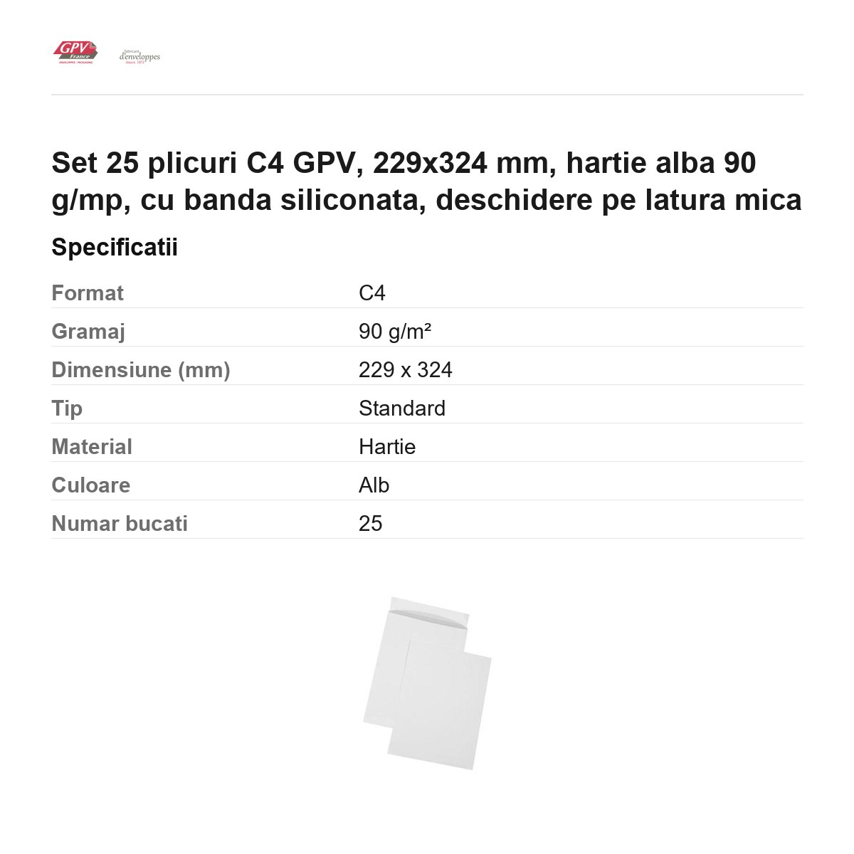 Set 25 plicuri C4 GPV, 229x324 mm, hartie alba 90 g/mp, cu banda siliconata, deschidere pe latura mica [3]