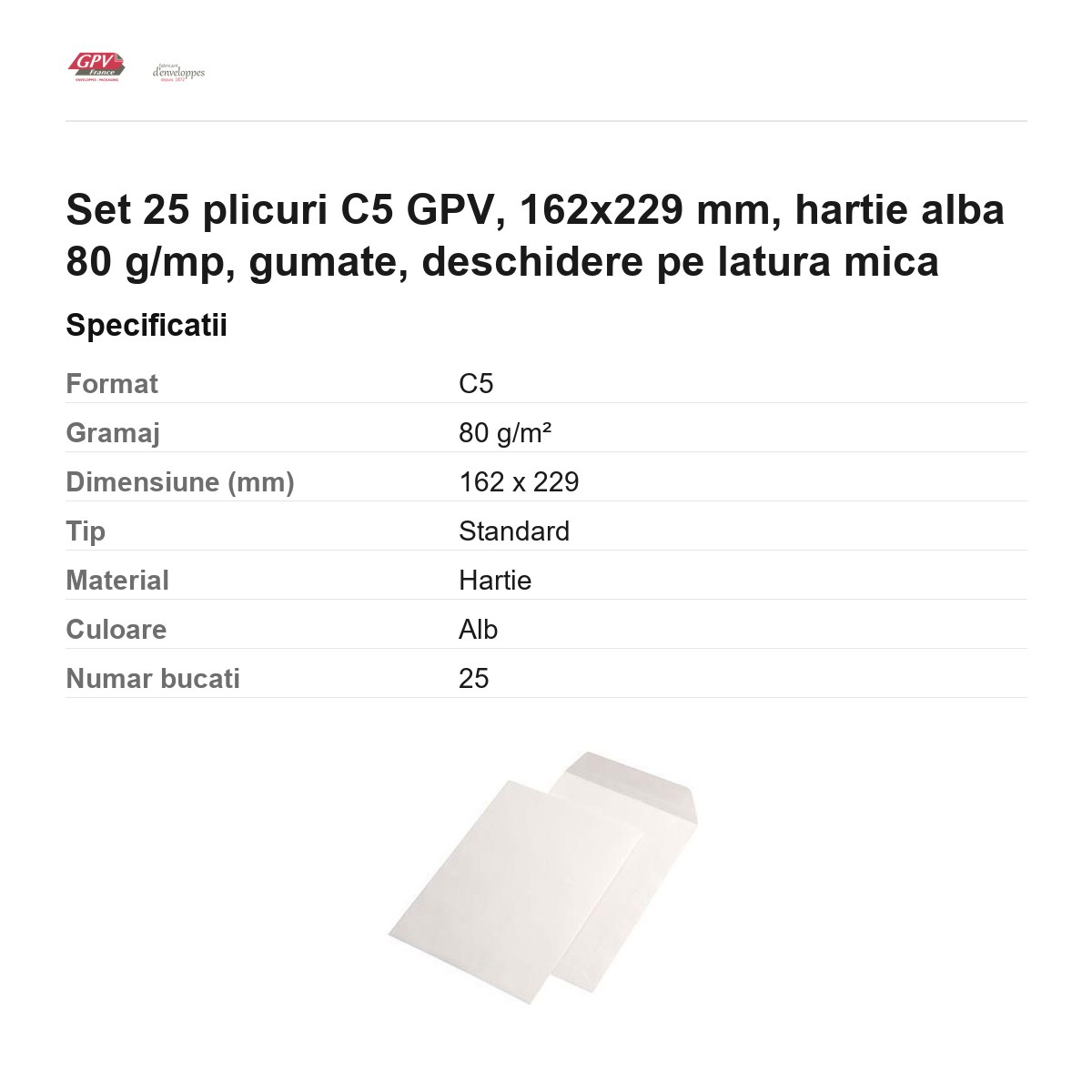 Set 25 plicuri C5 GPV, 162x229 mm, hartie alba 80 g/mp, gumate, deschidere pe latura mica [3]