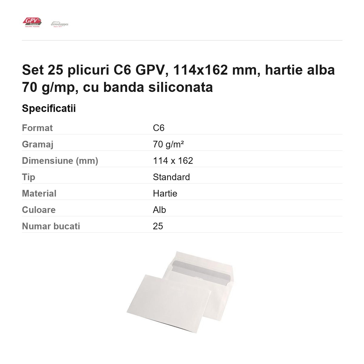Set 25 plicuri C6 GPV, 114x162 mm, hartie alba 70 g/mp, cu banda siliconata [3]