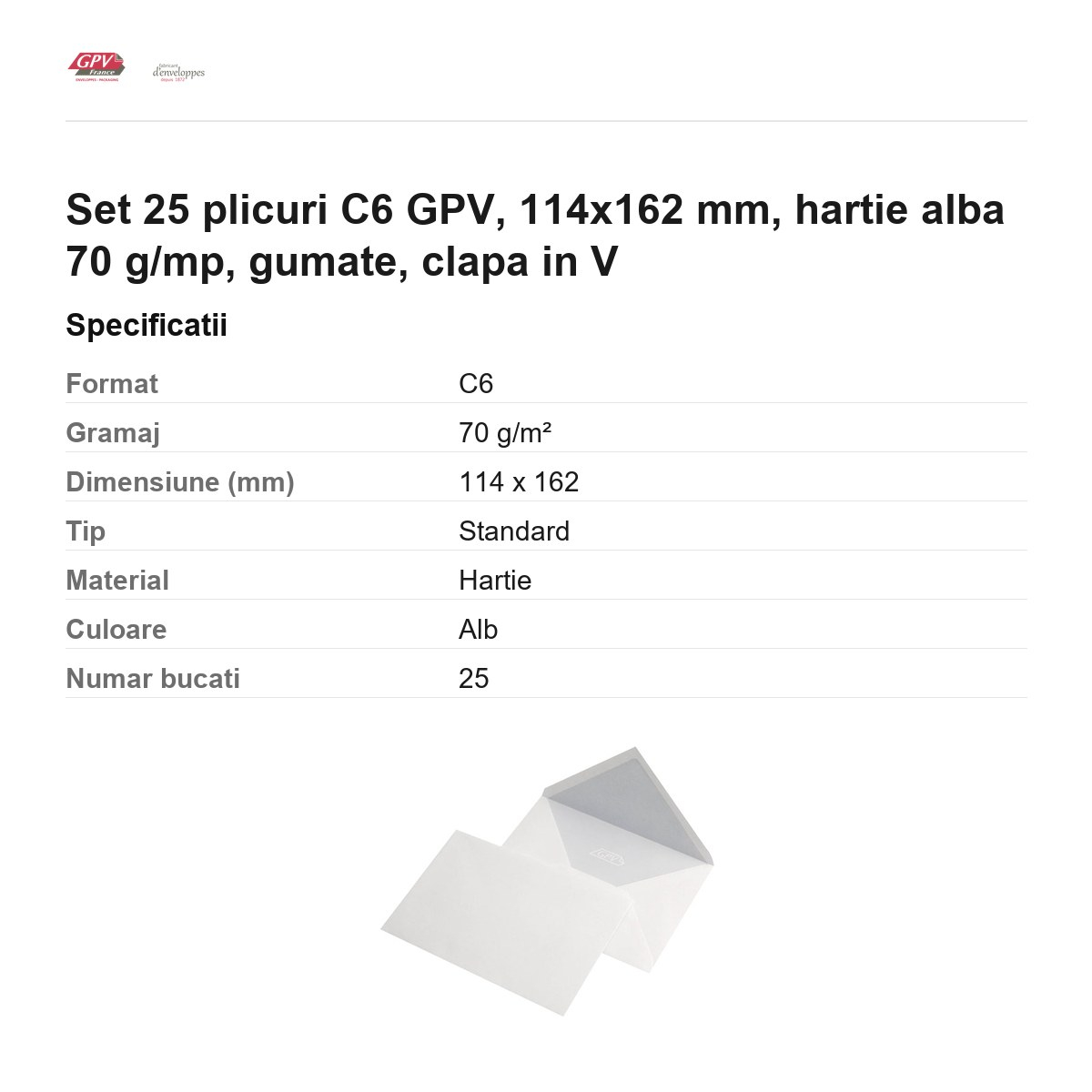 Set 25 plicuri C6 GPV, 114x162 mm, hartie alba 70 g/mp, gumate, clapa in V [3]