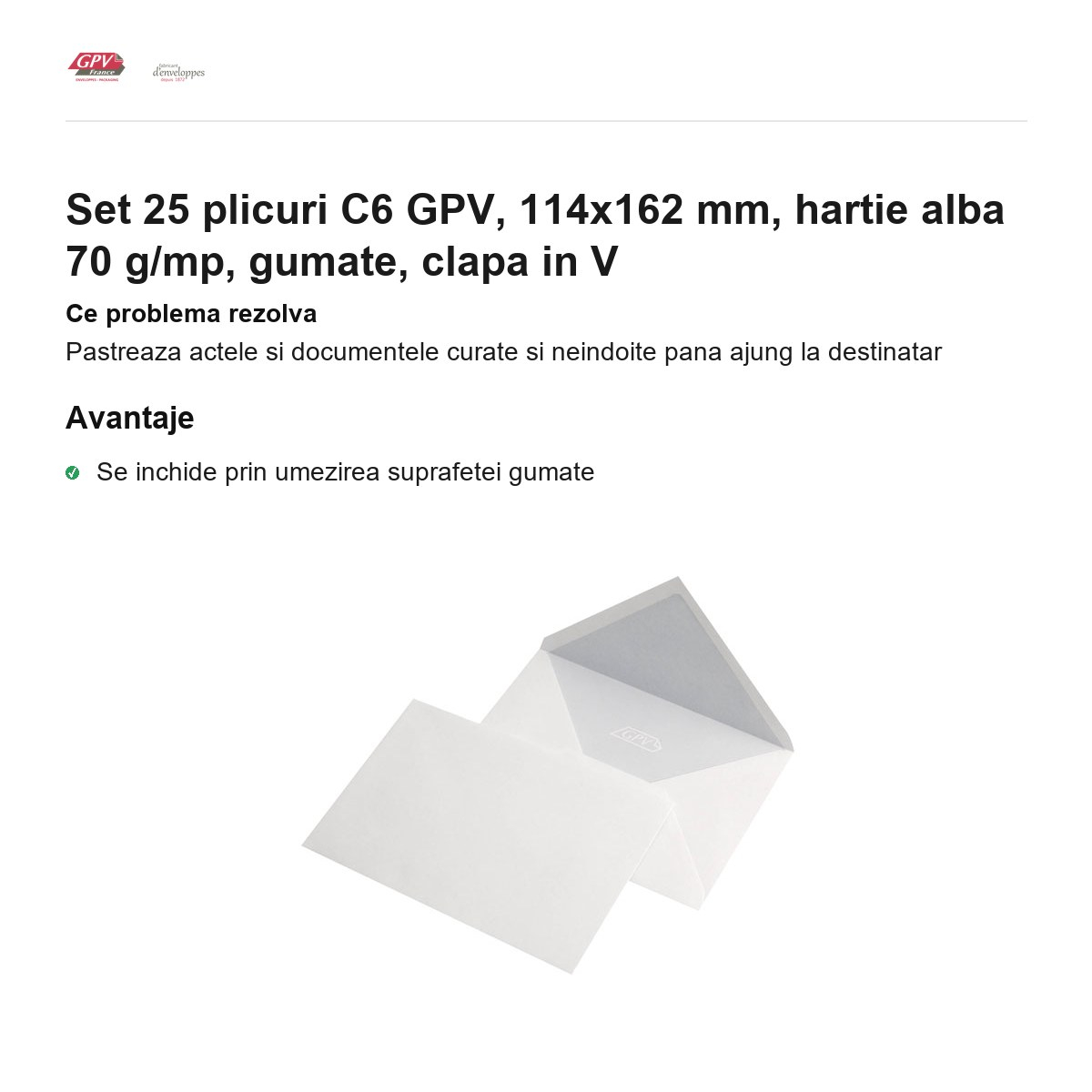 Set 25 plicuri C6 GPV, 114x162 mm, hartie alba 70 g/mp, gumate, clapa in V [2]