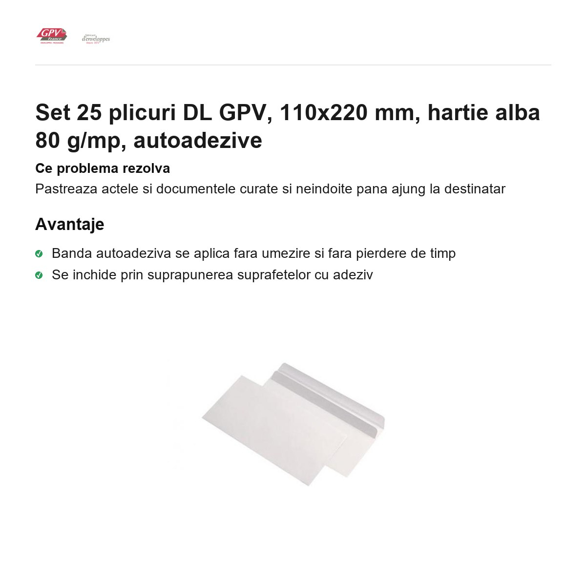 Set 25 plicuri DL GPV, 110x220 mm, hartie alba 80 g/mp, autoadezive [2]