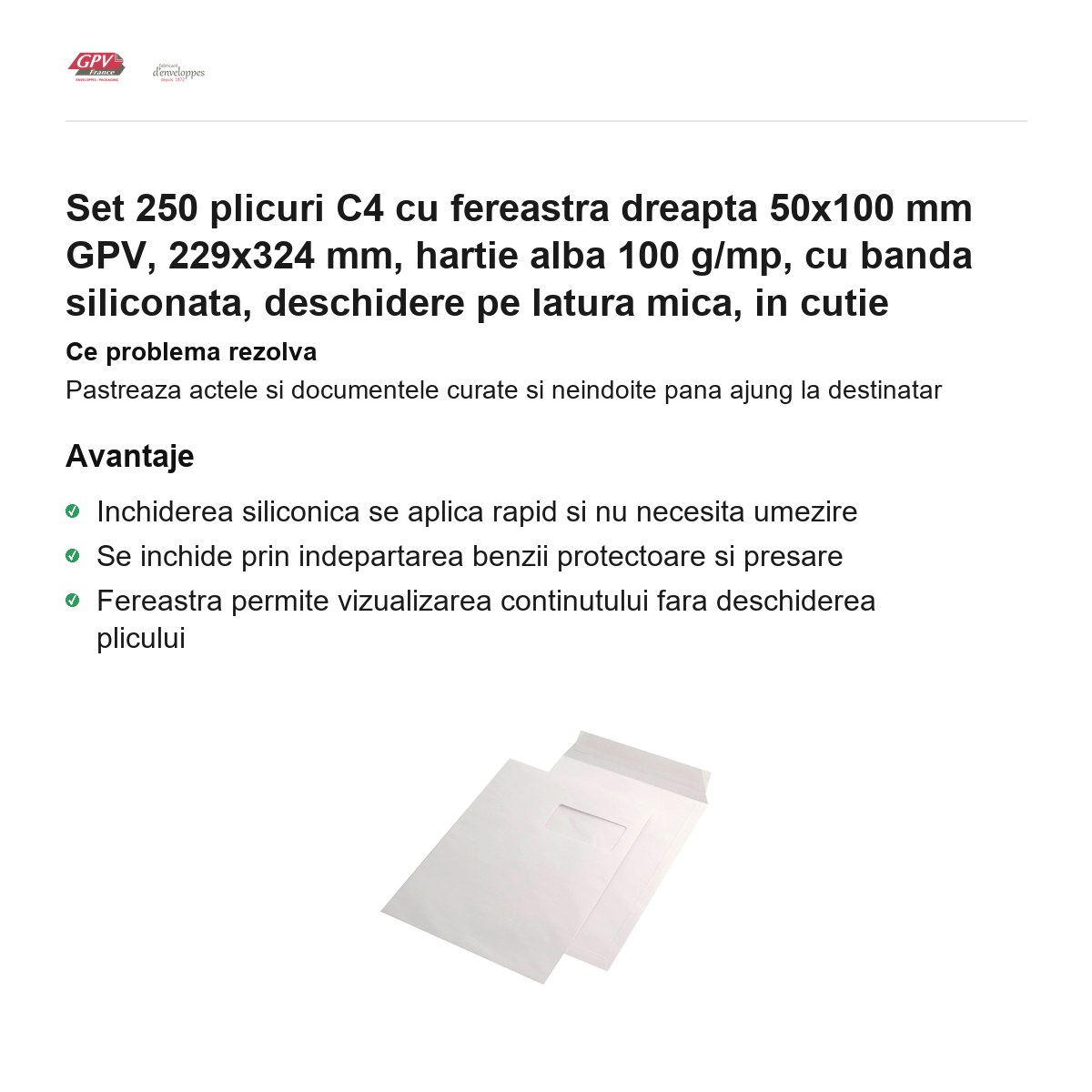 Set 250 plicuri C4 cu fereastra dreapta 50x100 mm GPV, 229x324 mm, hartie alba 100 g/mp, cu banda siliconata, deschidere pe latura mica, in cutie [2]