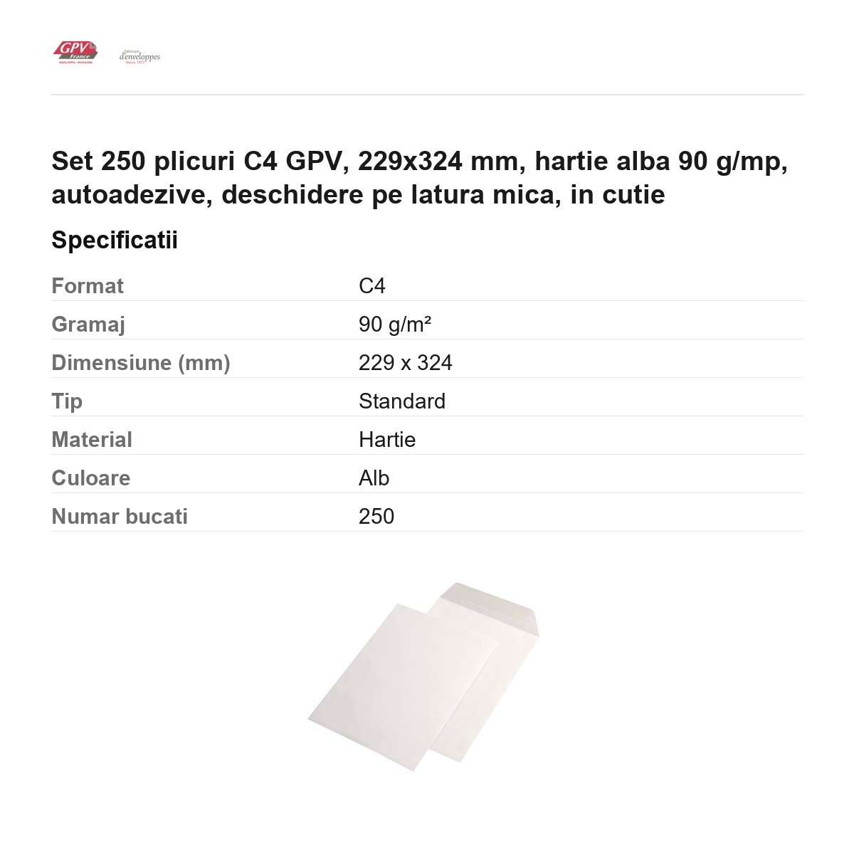 Set 250 plicuri C4 GPV, 229x324 mm, hartie alba 90 g/mp, autoadezive, deschidere pe latura mica, in cutie [3]
