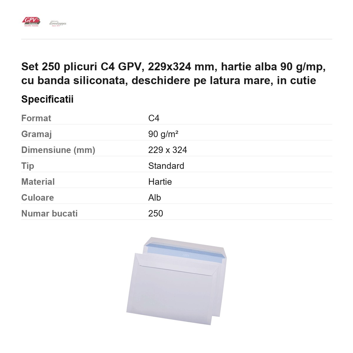 Set 250 plicuri C4 GPV, 229x324 mm, hartie alba 90 g/mp, cu banda siliconata, deschidere pe latura mare, in cutie [3]