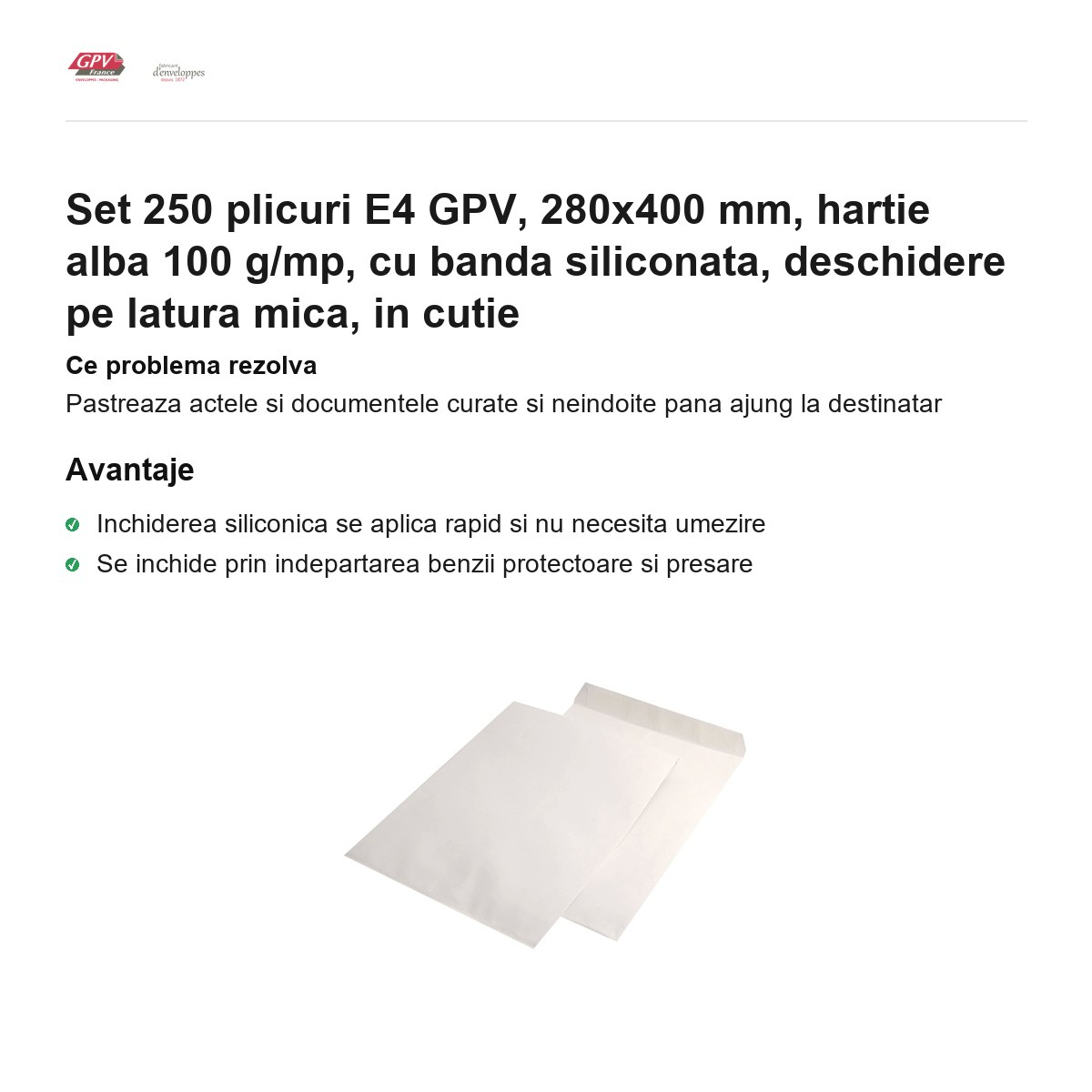 Set 250 plicuri E4 GPV, 280x400 mm, hartie alba 100 g/mp, cu banda siliconata, deschidere pe latura mica, in cutie [2]