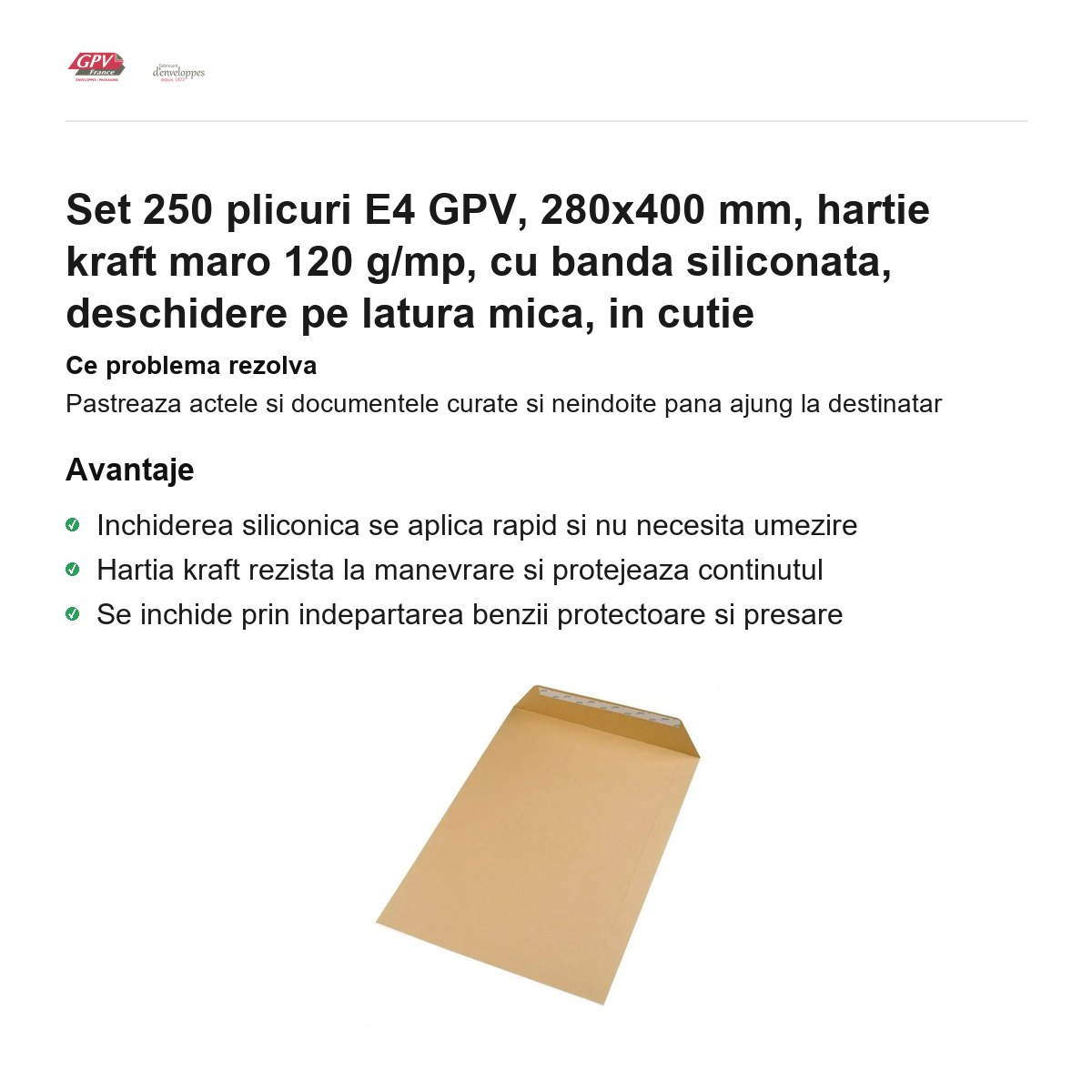 Set 250 plicuri E4 GPV, 280x400 mm, hartie kraft maro 120 g/mp, cu banda siliconata, deschidere pe latura mica, in cutie [2]