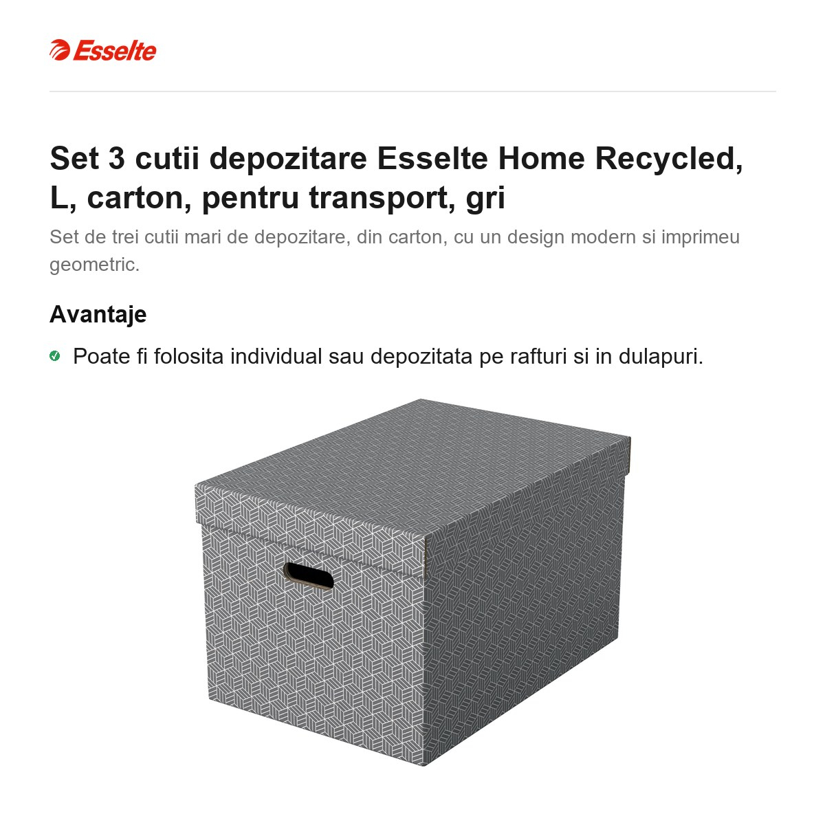 Set 3 cutii depozitare Esselte Home Recycled, L, carton, pentru transport, gri [2]
