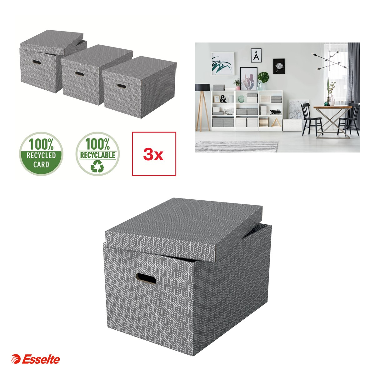 Set 3 cutii depozitare Esselte Home Recycled, L, carton, pentru transport, gri [4]