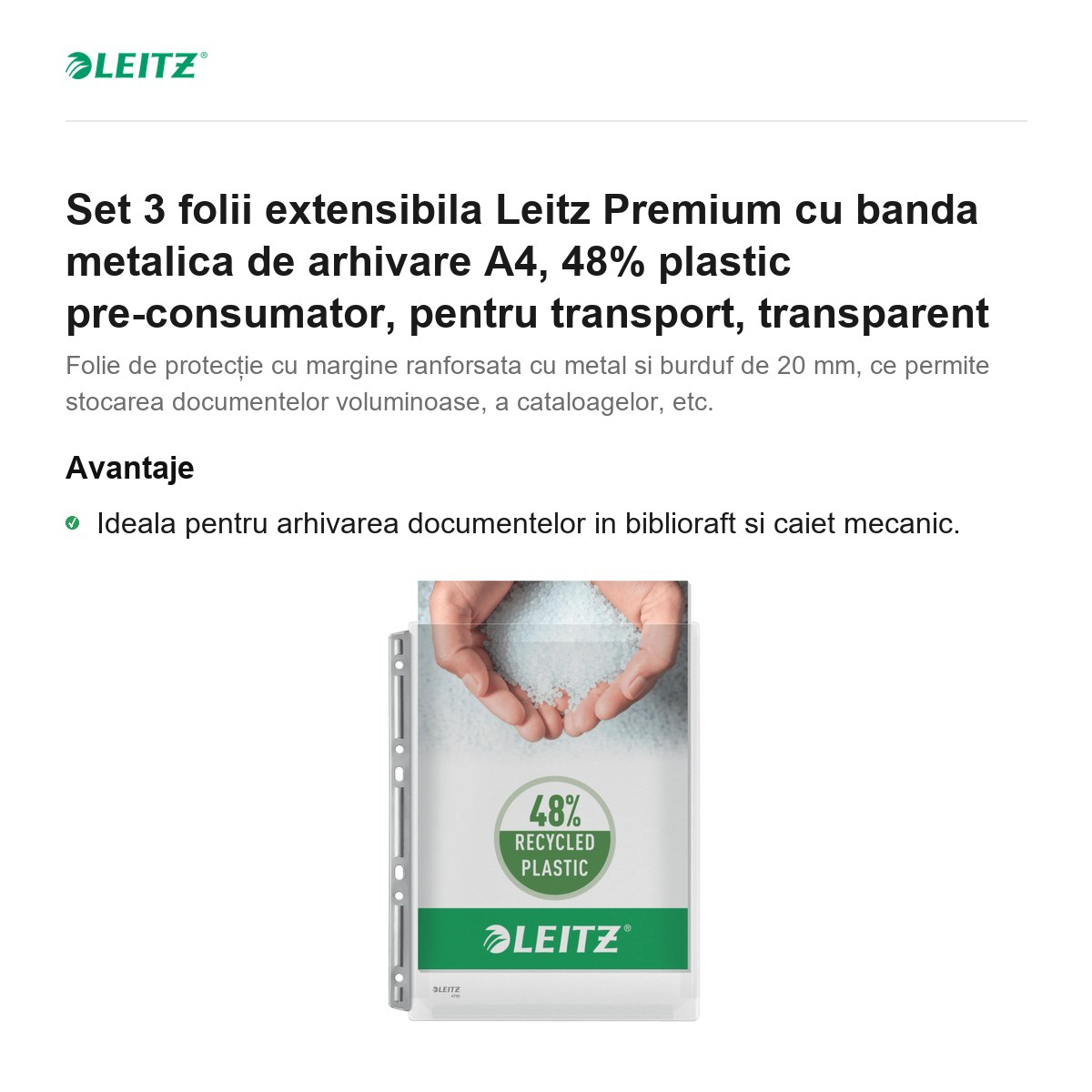 Set 3 folii extensibila Leitz Premium cu banda metalica de arhivare A4, 48% plastic pre-consumator, pentru transport, transparent [2]